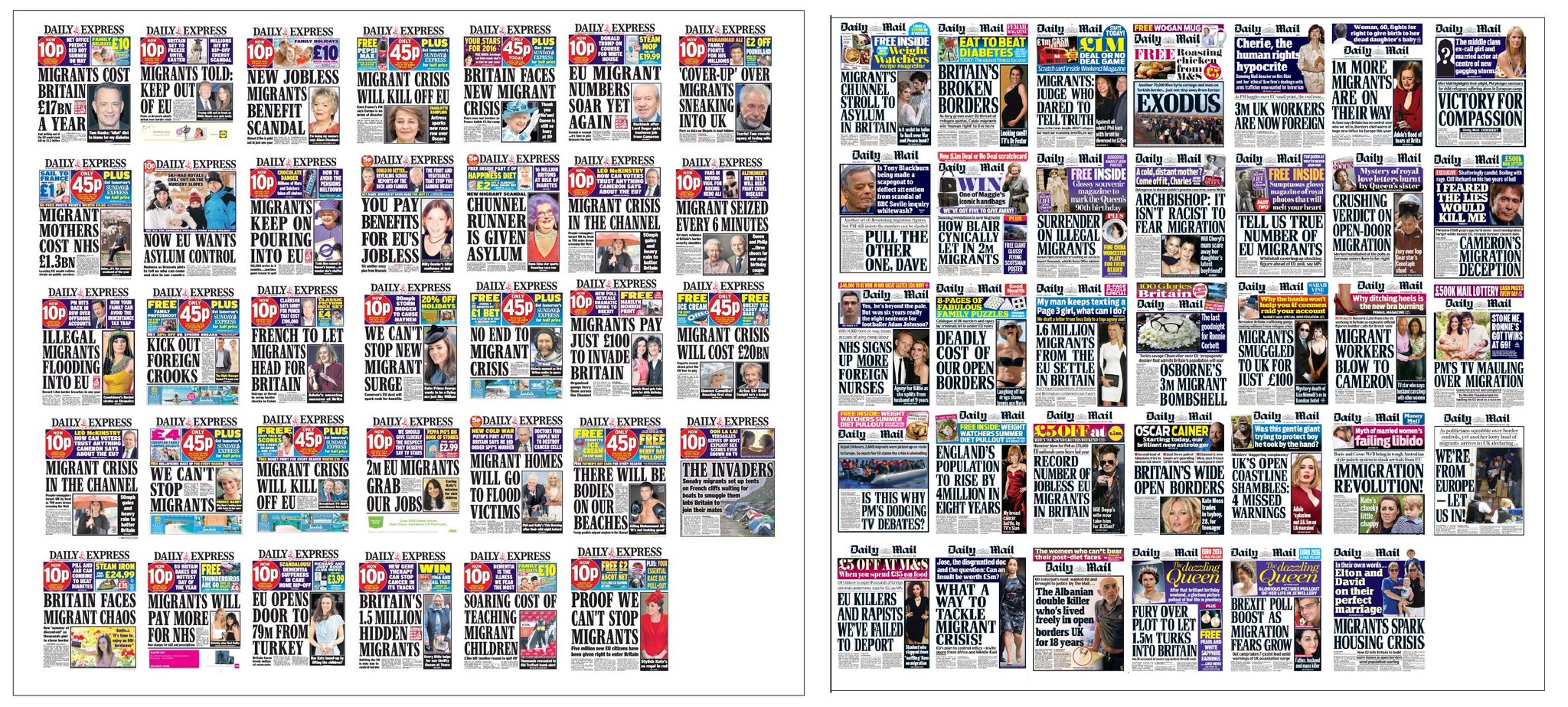 A collage of anti-EU, anti-migrant front pages from UK newspapers.